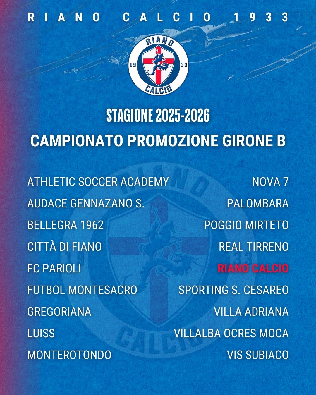 Calendario Campionato Promozione Lazio Girone B 2025/2026 – squadre partecipanti con Riano Calcio